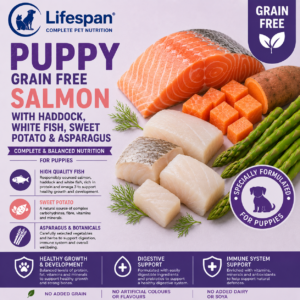 puppy salmon with haddock, white fish, sweet potato & asparagus