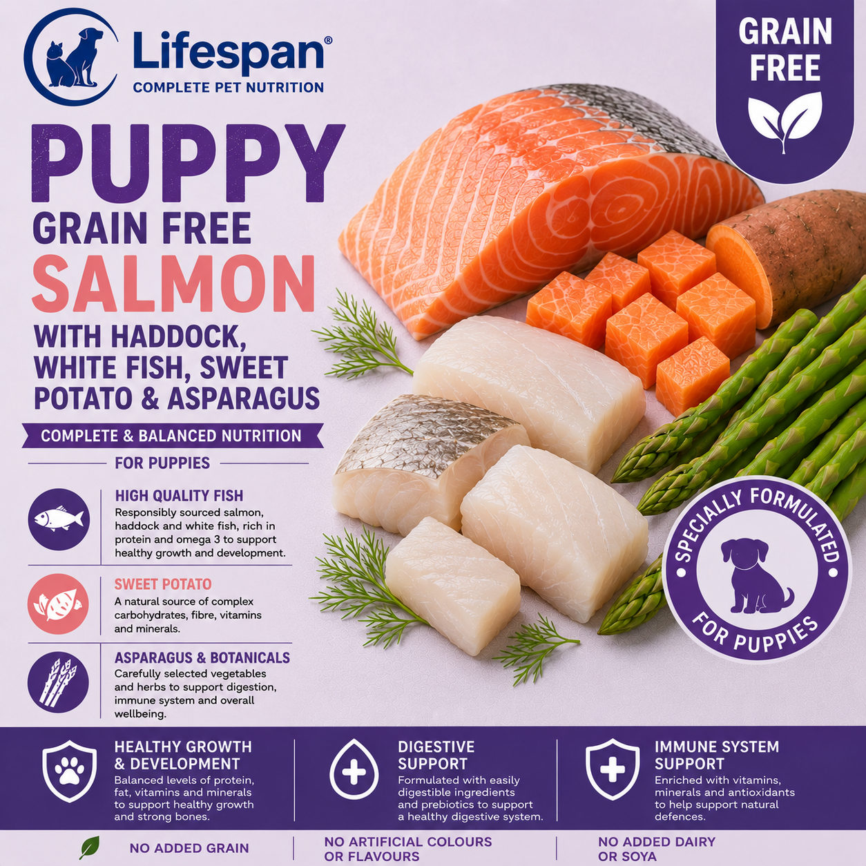 puppy salmon with haddock, white fish, sweet potato & asparagus puppy salmon with haddock, white fish, sweet potato & asparagus